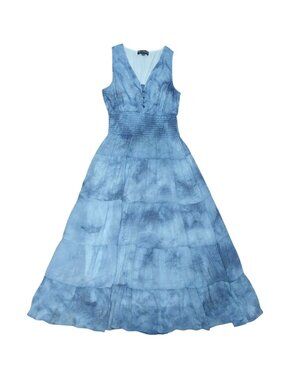 J. Lee Blue Tie-Dye Maxi Dress PM Sleeveless Smocked Boho Flowy.